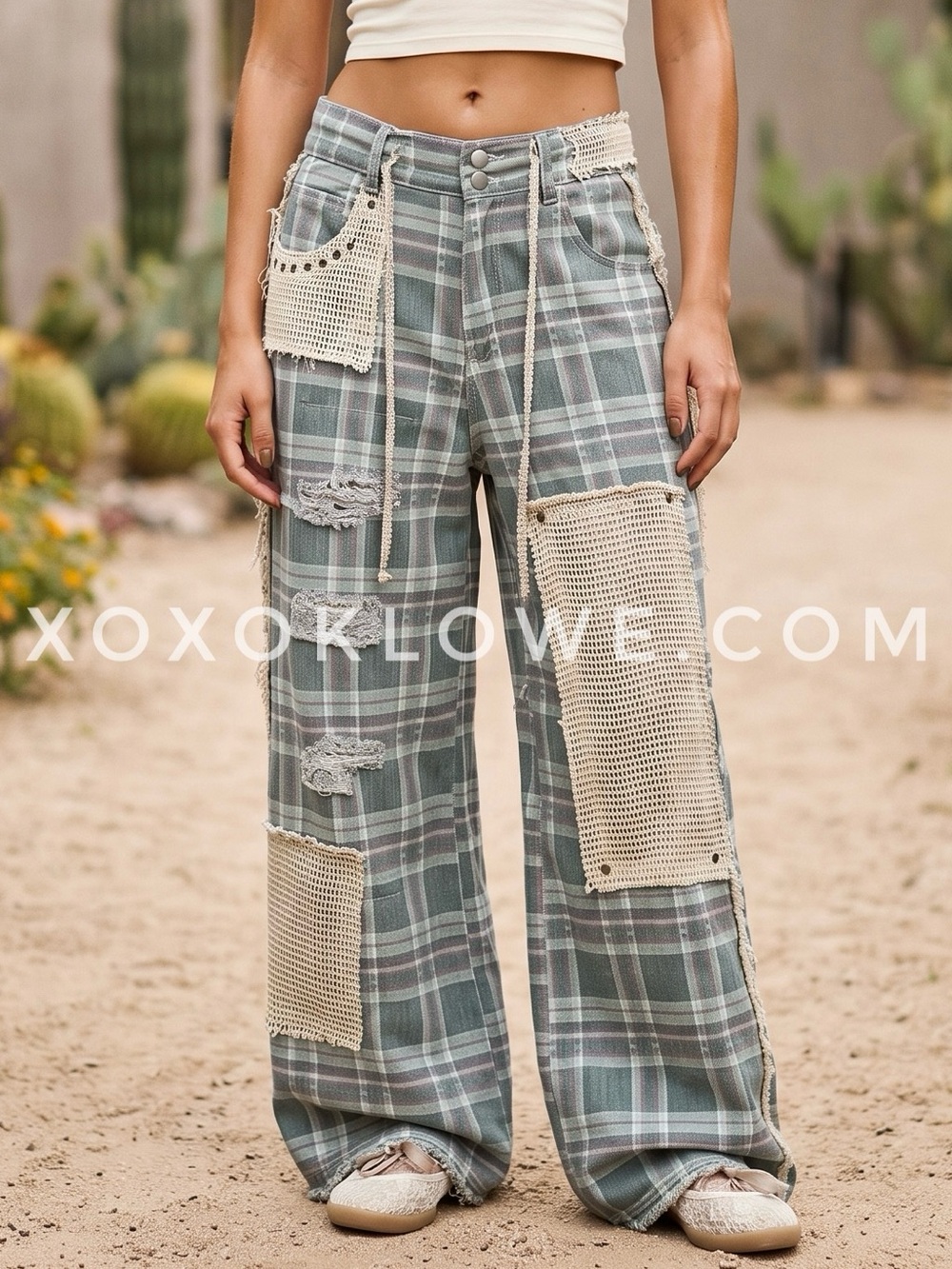 POL Teal Blue Plaid Patchwork Wide Leg Denim Pants | Distressed Studded